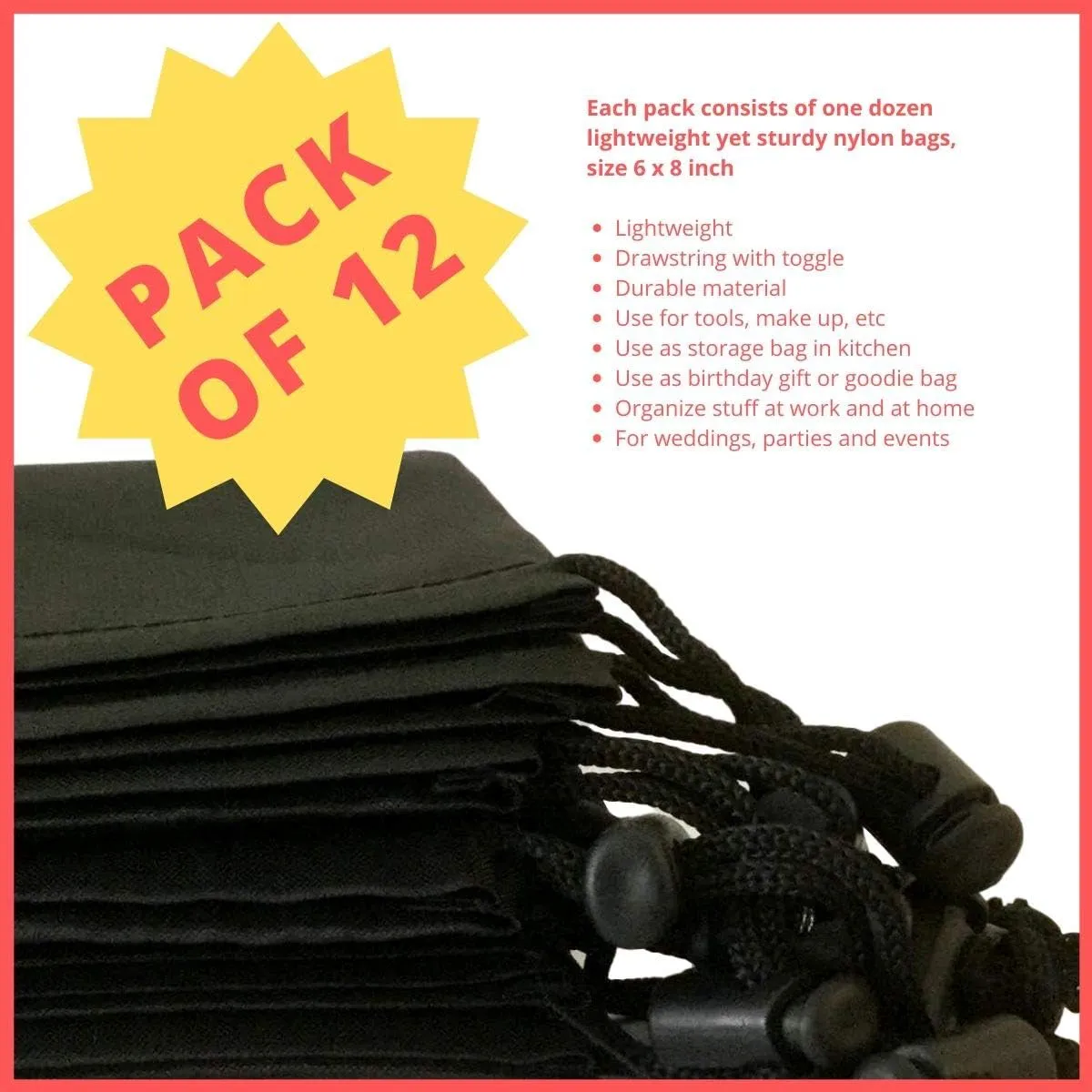 PALTERWEAR Drawstring Bag - Nylon Cinch and Ditty Stuff Pouch with Toggle (6 x 8-12 pack, Black)