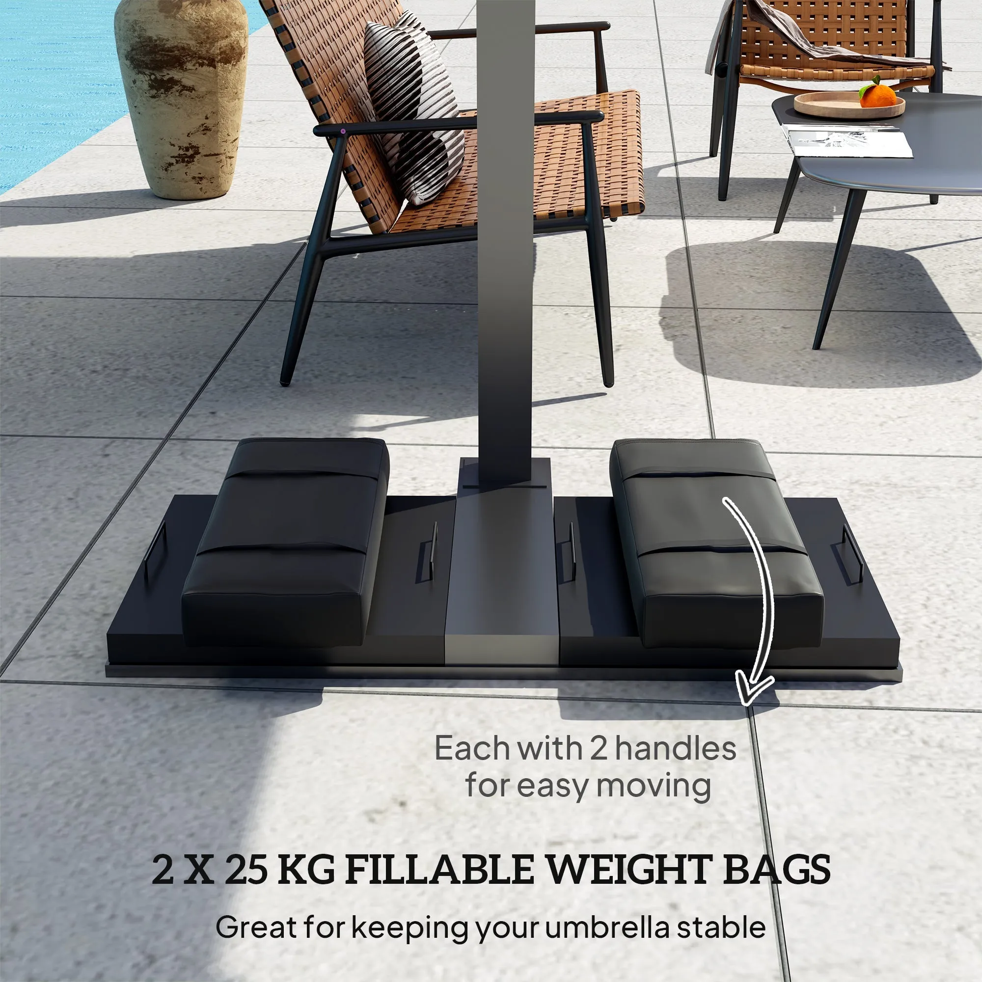 Parasol Weights Set of 2, Parasol Base Weights Bags, 25kg Fillable Sandbag Weights with Handles, Cantilever Umbrella Base Weights, Black