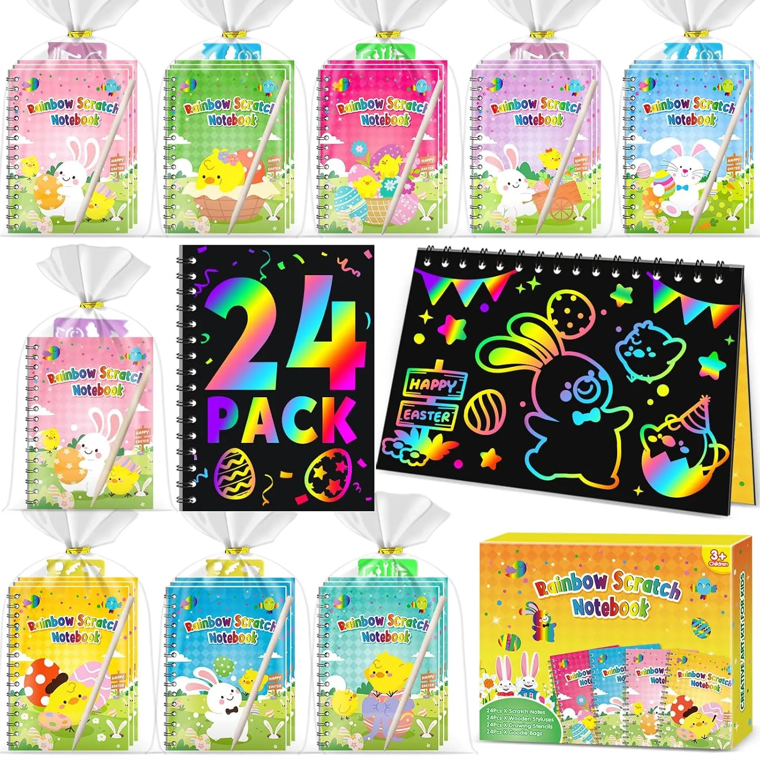 Party Favors for Kids 4-8-12: 24 Pack Scratch Rainbow Art Crafts Notebook, Coloring Book Goodie Bags Stuffers Kit, Bulk Birthday Gift Classroom Prizes Girl Boy Toddler Easter