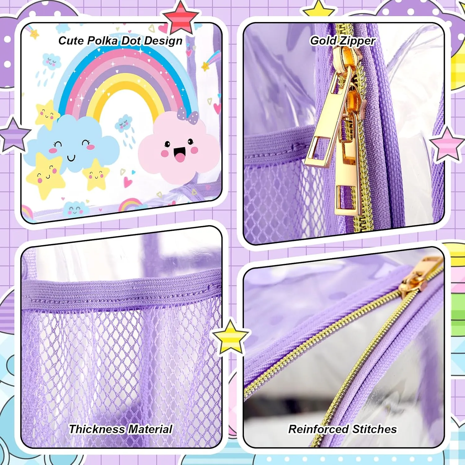 Paterr 3 Pcs Girls Boys Clear Backpack for Kid Rainbow Cloud Spider Architecture Ribbon Stadium Approved Backpack(Rainbow Cloud,Pink)