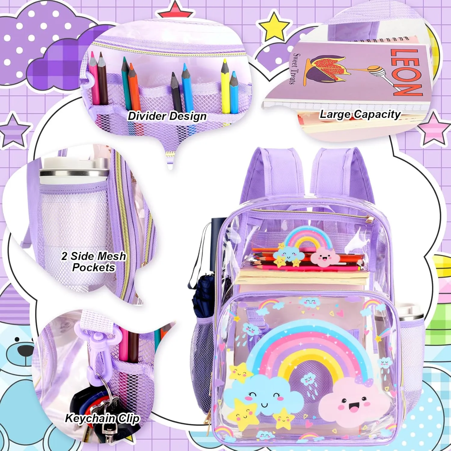 Paterr 3 Pcs Girls Boys Clear Backpack for Kid Rainbow Cloud Spider Architecture Ribbon Stadium Approved Backpack(Rainbow Cloud,Pink)