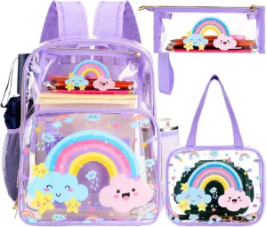 Paterr 3 Pcs Girls Boys Clear Backpack for Kid Rainbow Cloud Spider Architecture Ribbon Stadium Approved Backpack(Rainbow Cloud,Pink)