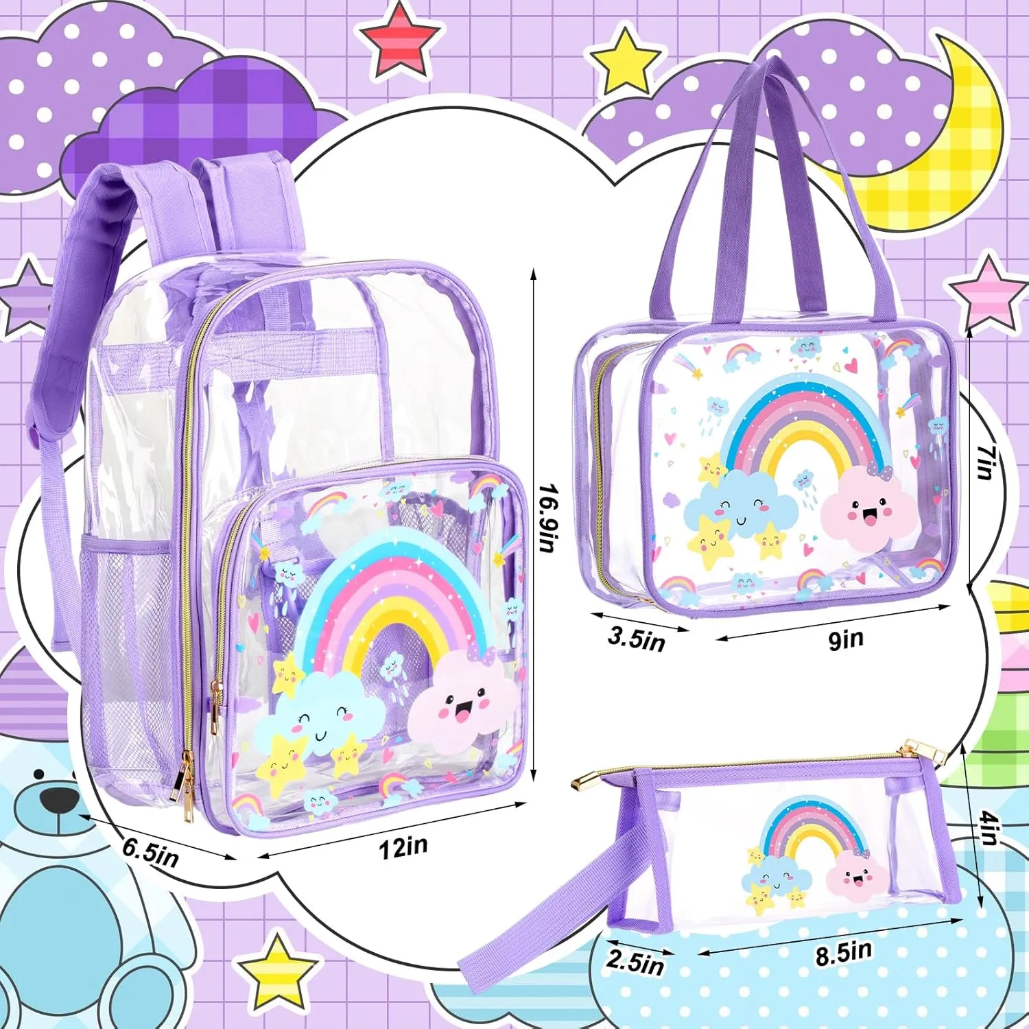 Paterr 3 Pcs Girls Boys Clear Backpack for Kid Rainbow Cloud Spider Architecture Ribbon Stadium Approved Backpack(Rainbow Cloud,Pink)