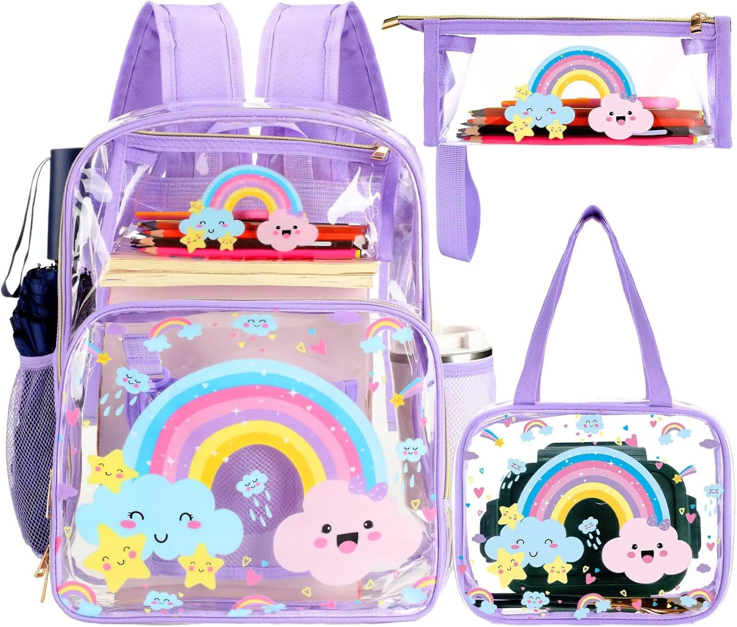 Paterr 3 Pcs Girls Boys Clear Backpack for Kid Rainbow Cloud Spider Architecture Ribbon Stadium Approved Backpack(Rainbow Cloud,Pink)