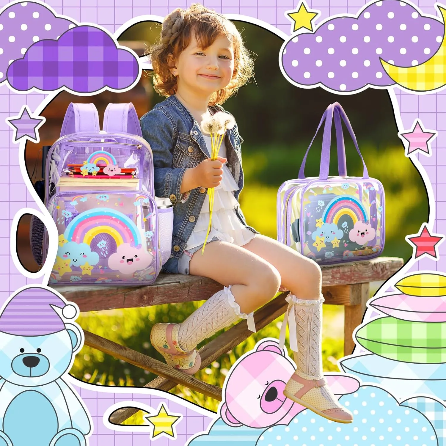 Paterr 3 Pcs Girls Boys Clear Backpack for Kid Rainbow Cloud Spider Architecture Ribbon Stadium Approved Backpack(Rainbow Cloud,Pink)