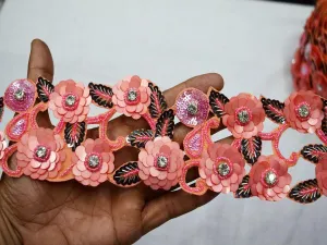 Peachy Pink Beaded Trim by the Yard Indian Handmade Wedding Dress Bridal Belt Sashes Tape Handcrafted Embellishment DIY Crafting Sari Border