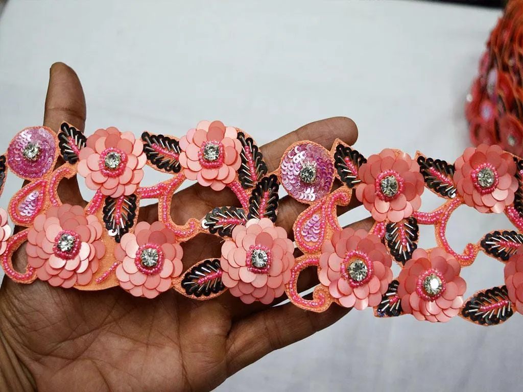Peachy Pink Beaded Trim by the Yard Indian Handmade Wedding Dress Bridal Belt Sashes Tape Handcrafted Embellishment DIY Crafting Sari Border