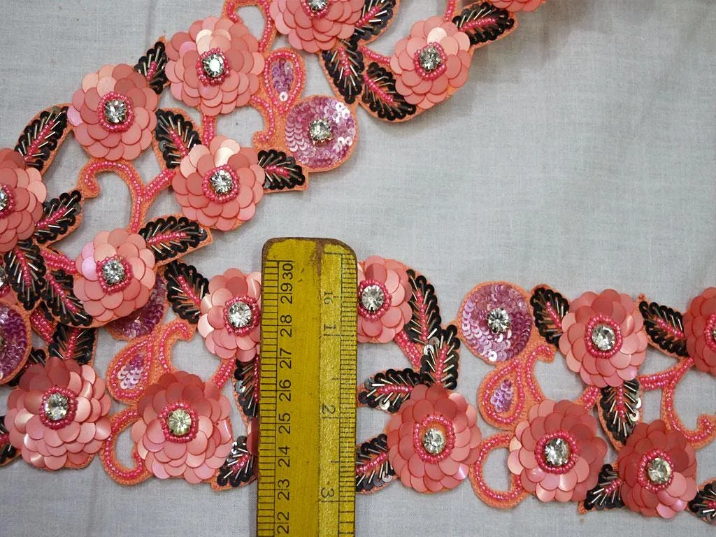 Peachy Pink Beaded Trim by the Yard Indian Handmade Wedding Dress Bridal Belt Sashes Tape Handcrafted Embellishment DIY Crafting Sari Border