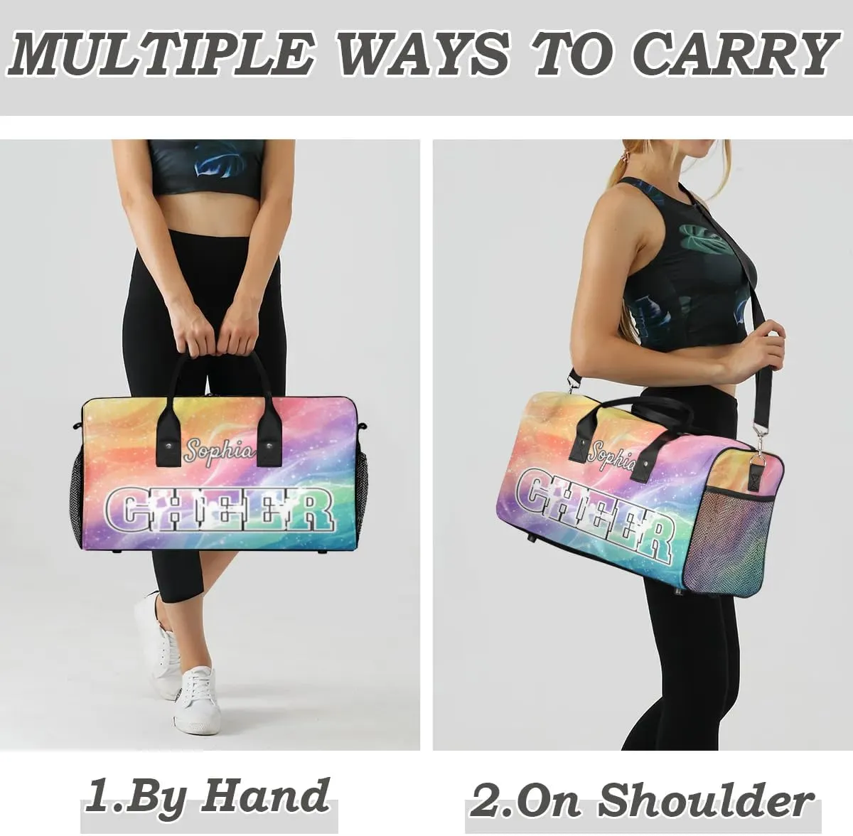 Personalized Cheer Bags for Cheerleaders, Custom Name Sport Duffel Bag Gym Bag Travel Duffle Bag Overnight Weekender Bag Gradient Rainbow