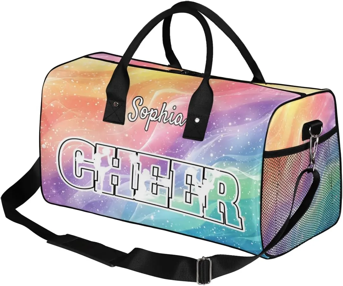 Personalized Cheer Bags for Cheerleaders, Custom Name Sport Duffel Bag Gym Bag Travel Duffle Bag Overnight Weekender Bag Gradient Rainbow