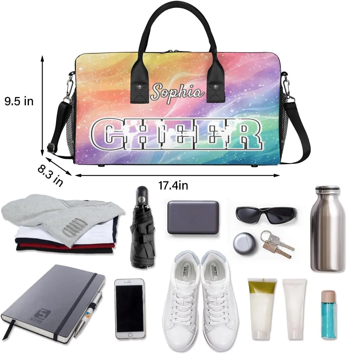Personalized Cheer Bags for Cheerleaders, Custom Name Sport Duffel Bag Gym Bag Travel Duffle Bag Overnight Weekender Bag Gradient Rainbow