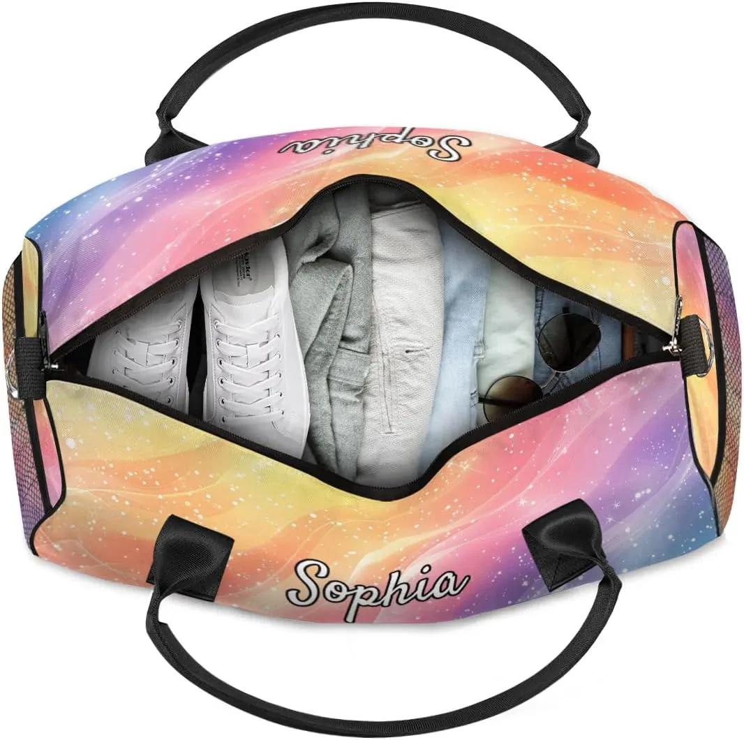 Personalized Cheer Bags for Cheerleaders, Custom Name Sport Duffel Bag Gym Bag Travel Duffle Bag Overnight Weekender Bag Gradient Rainbow
