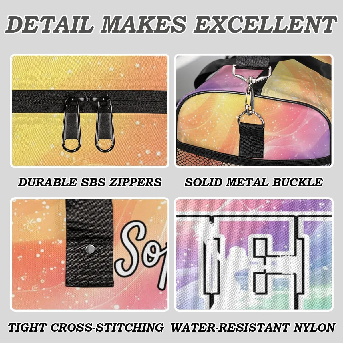 Personalized Cheer Bags for Cheerleaders, Custom Name Sport Duffel Bag Gym Bag Travel Duffle Bag Overnight Weekender Bag Gradient Rainbow