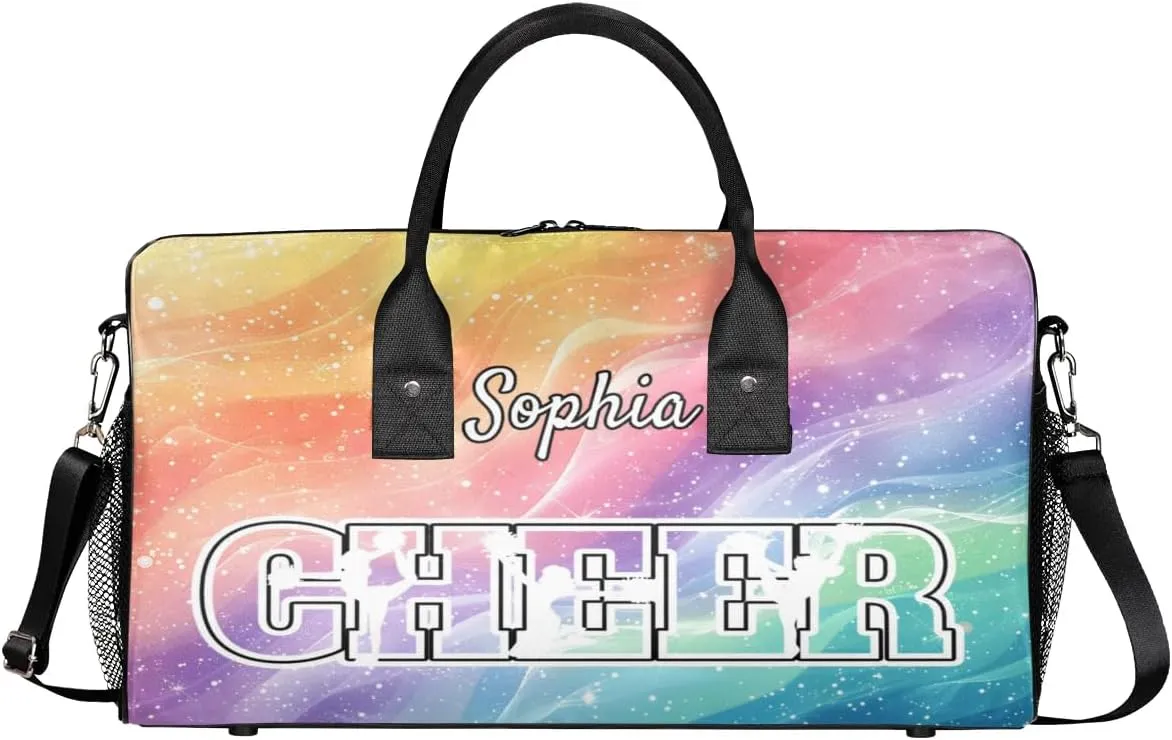 Personalized Cheer Bags for Cheerleaders, Custom Name Sport Duffel Bag Gym Bag Travel Duffle Bag Overnight Weekender Bag Gradient Rainbow