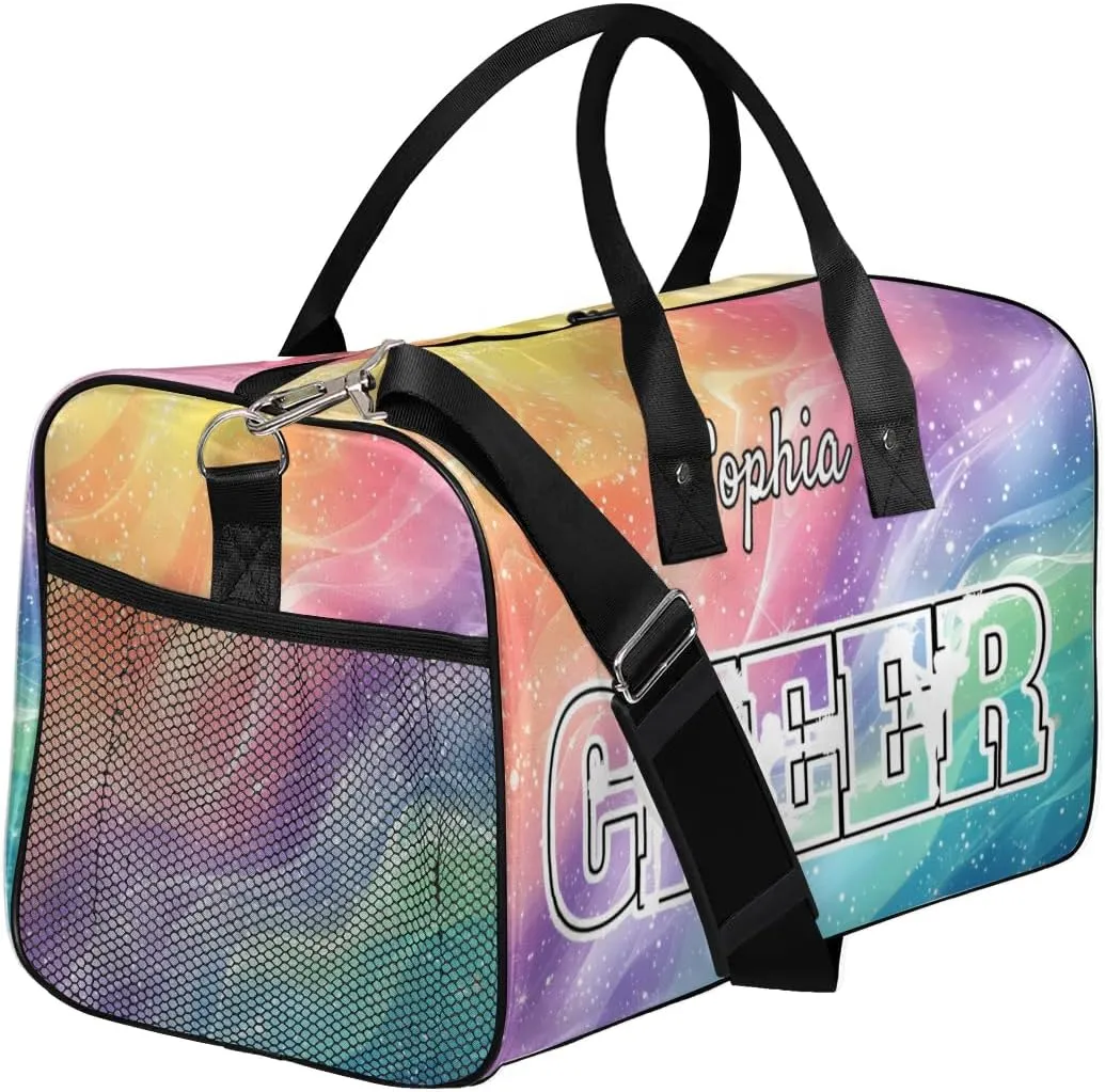 Personalized Cheer Bags for Cheerleaders, Custom Name Sport Duffel Bag Gym Bag Travel Duffle Bag Overnight Weekender Bag Gradient Rainbow
