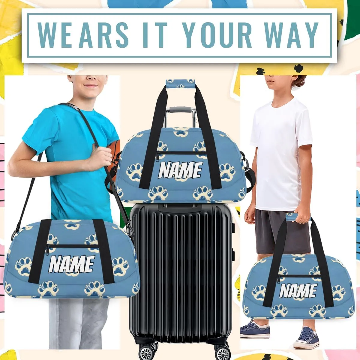 Personalized Custom Gym Bag for Women Men Carry on Cute Paw Print Travel Duffel Tote Funny Animal Overnight Workout Weekender Bag