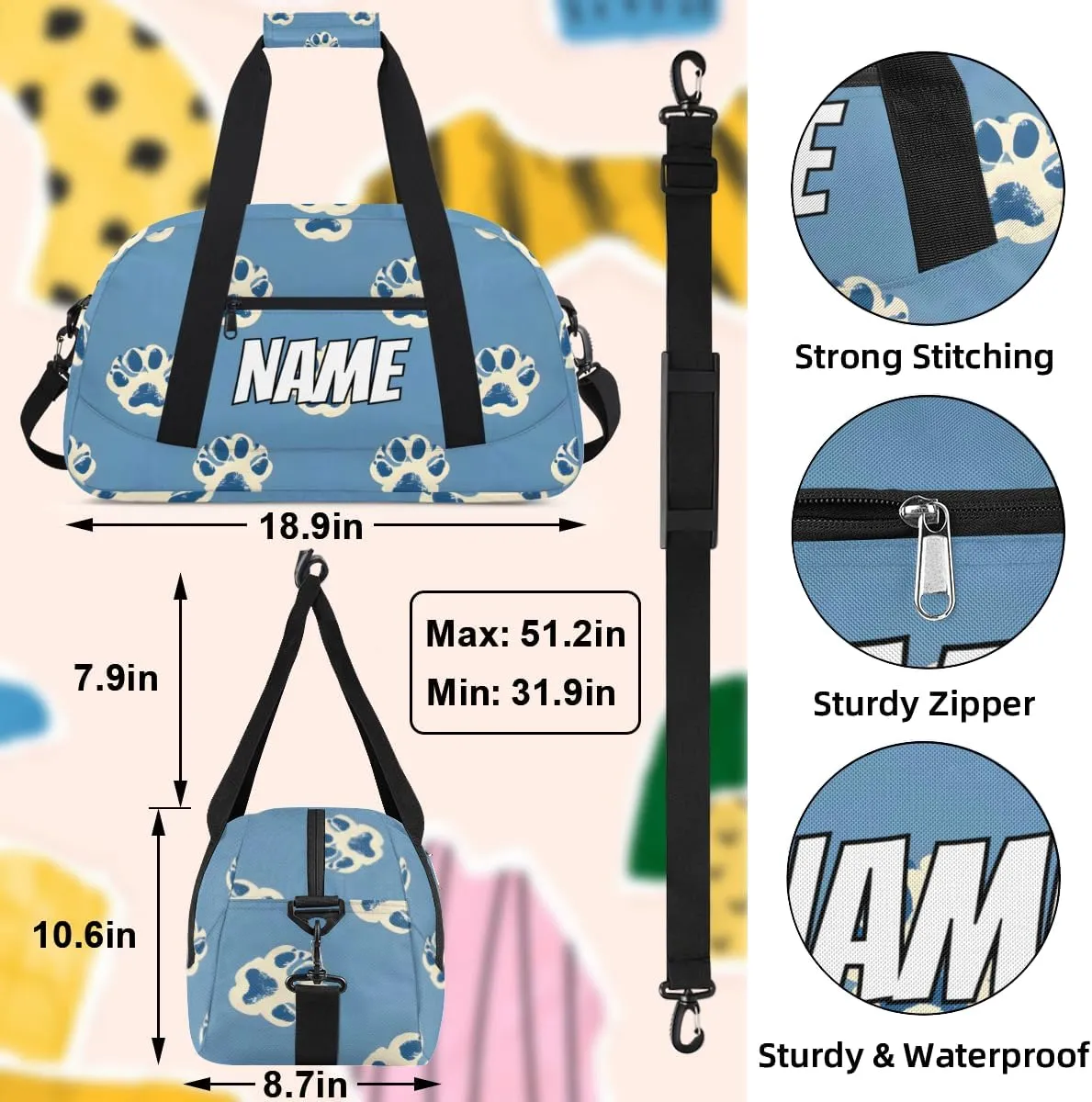 Personalized Custom Gym Bag for Women Men Carry on Cute Paw Print Travel Duffel Tote Funny Animal Overnight Workout Weekender Bag