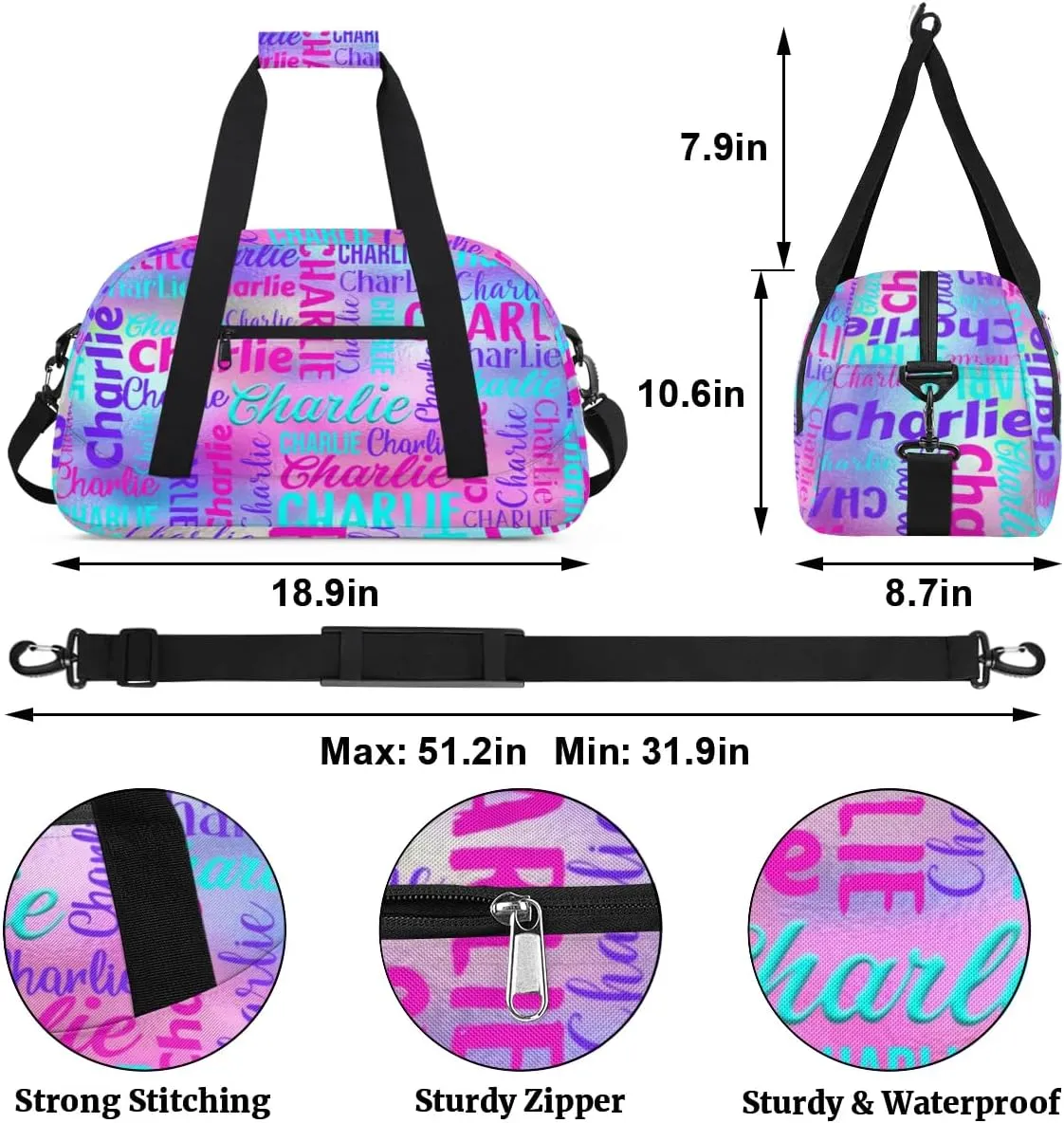 Personalized Dance Bag Duffel Bag for Girl, Custom Gym Bag Sport Duffel Bag, Ballet Bag Gymnastics Bag Cheerleader Weekender Bags Travel Bag for Kids Rainbow Color Text Name