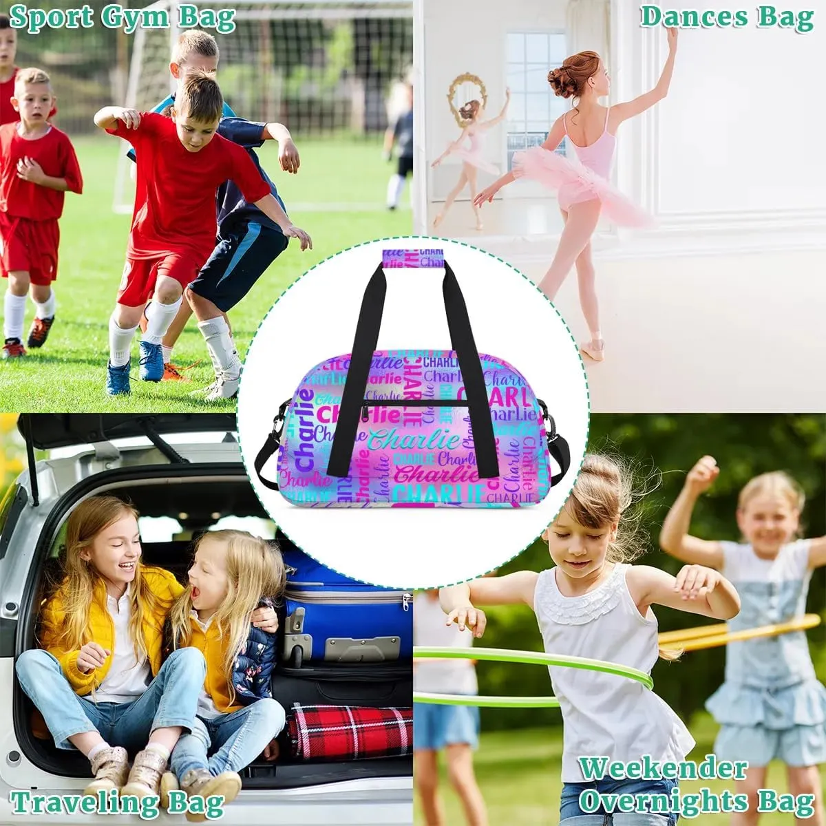 Personalized Dance Bag Duffel Bag for Girl, Custom Gym Bag Sport Duffel Bag, Ballet Bag Gymnastics Bag Cheerleader Weekender Bags Travel Bag for Kids Rainbow Color Text Name