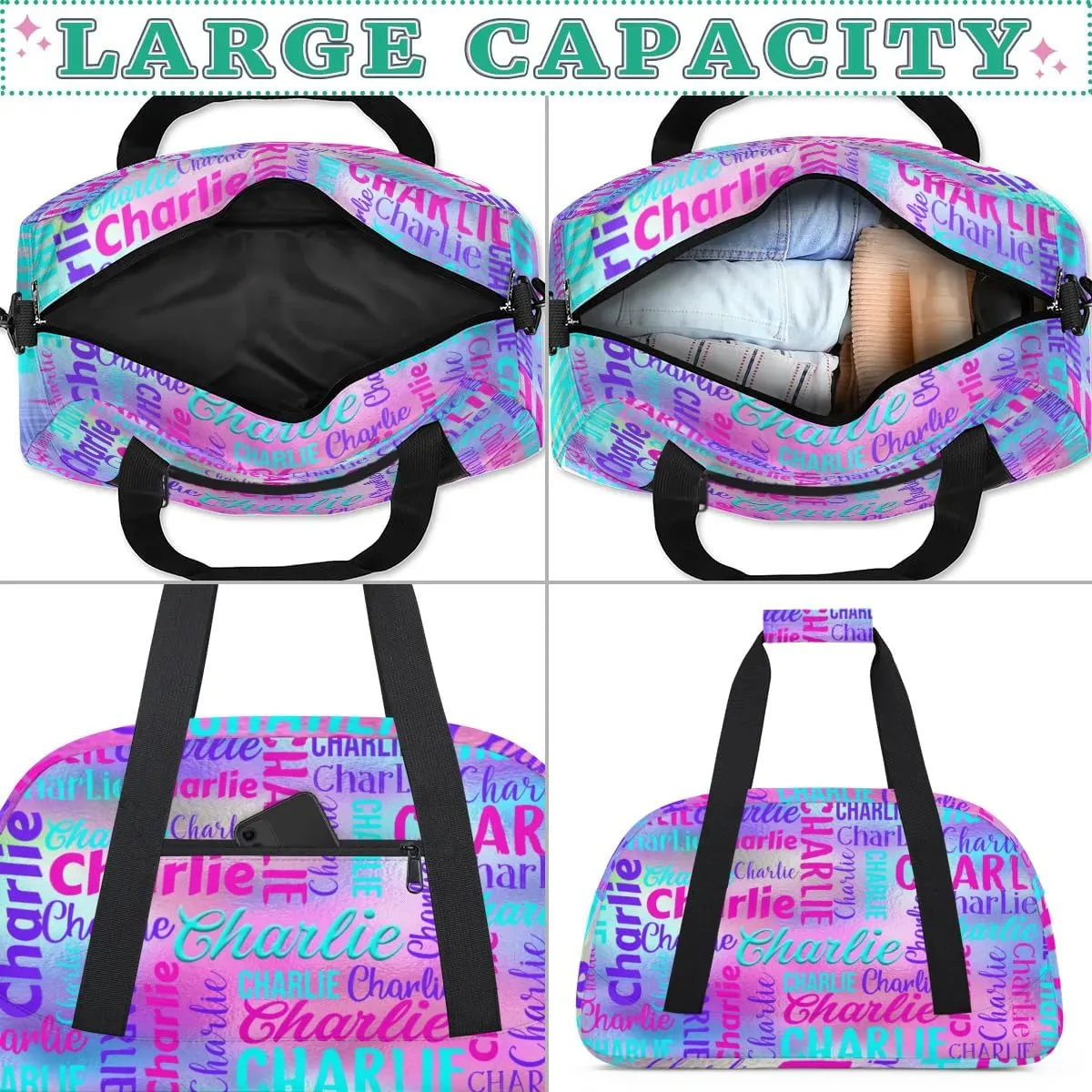 Personalized Dance Bag Duffel Bag for Girl, Custom Gym Bag Sport Duffel Bag, Ballet Bag Gymnastics Bag Cheerleader Weekender Bags Travel Bag for Kids Rainbow Color Text Name