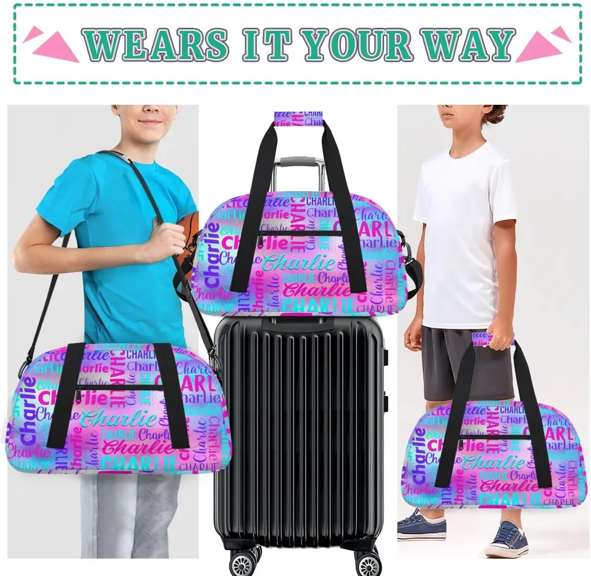 Personalized Dance Bag Duffel Bag for Girl, Custom Gym Bag Sport Duffel Bag, Ballet Bag Gymnastics Bag Cheerleader Weekender Bags Travel Bag for Kids Rainbow Color Text Name
