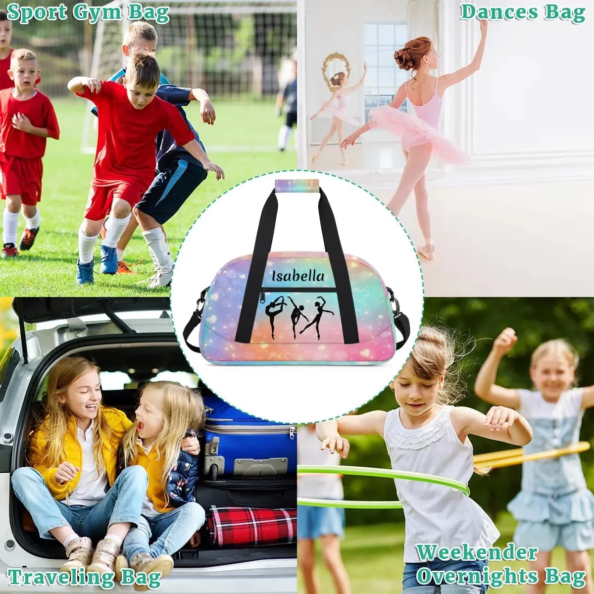 Personalized Dance Bag Kids Gym Bag for Girls Custom Name Sports Duffel Bag Weekender Overnight Travel Bags Gifts Rainbow Love Heart Color 22