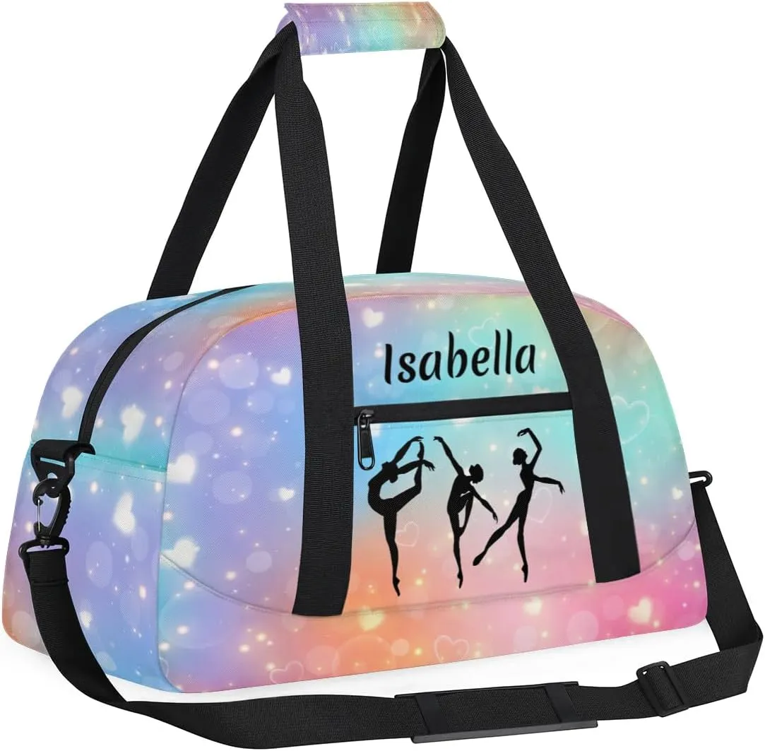 Personalized Dance Bag Kids Gym Bag for Girls Custom Name Sports Duffel Bag Weekender Overnight Travel Bags Gifts Rainbow Love Heart Color 22