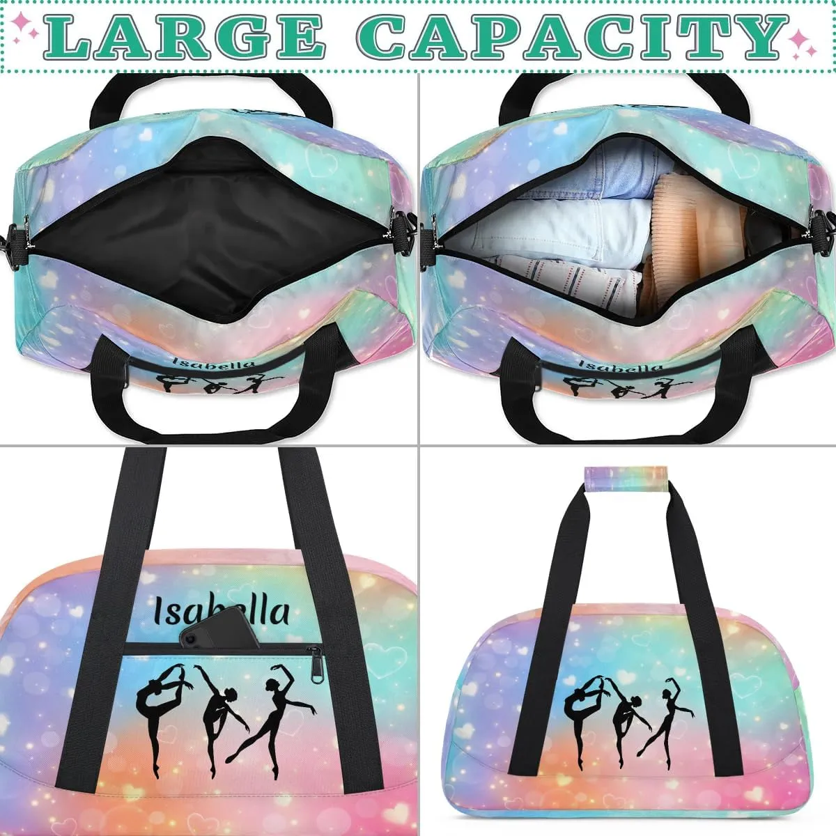 Personalized Dance Bag Kids Gym Bag for Girls Custom Name Sports Duffel Bag Weekender Overnight Travel Bags Gifts Rainbow Love Heart Color 22
