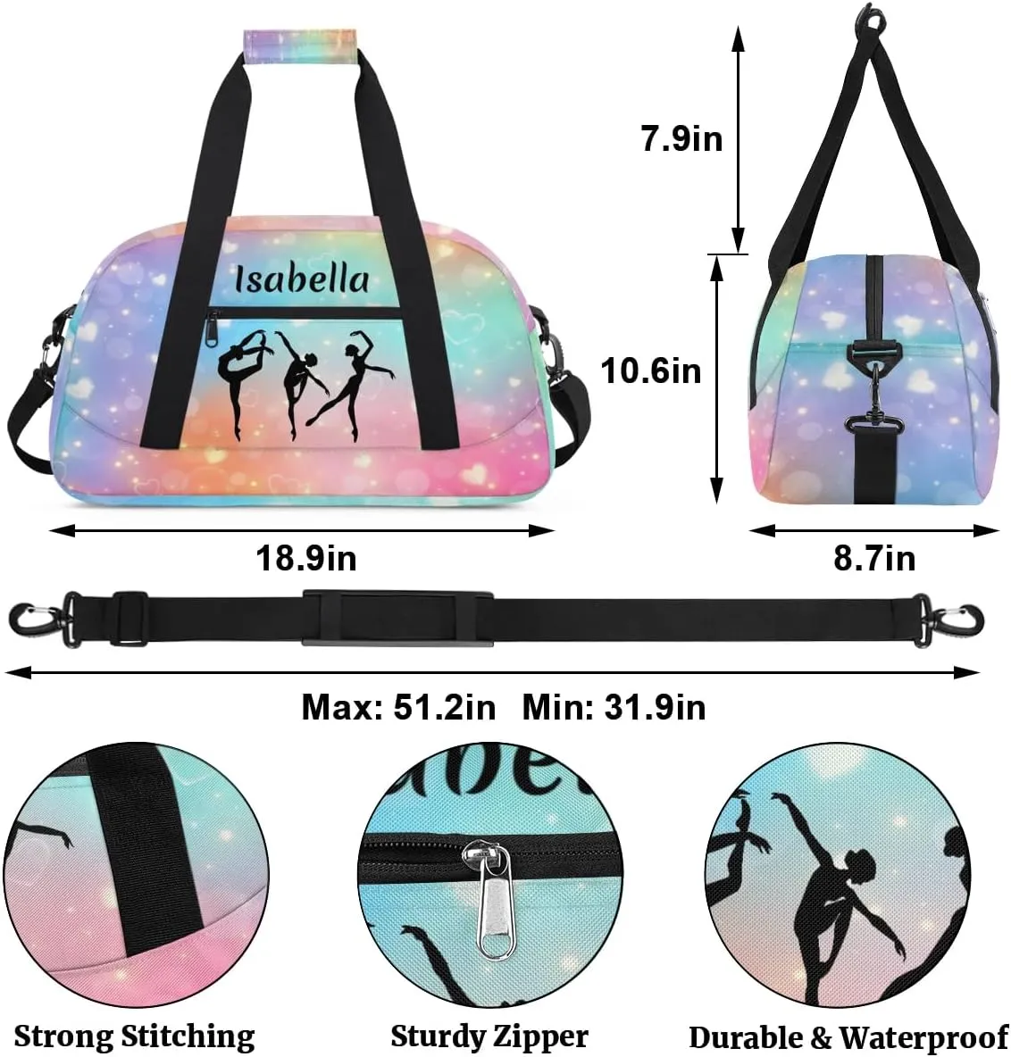 Personalized Dance Bag Kids Gym Bag for Girls Custom Name Sports Duffel Bag Weekender Overnight Travel Bags Gifts Rainbow Love Heart Color 22