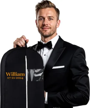 Personalized Garment bag for Groom Tuxedo - Embroidered Name Breathable Black Bag for Groomsmen with 2 Pockets for Hanging Clothes - Ideal for Groom Attire- Custom Suit Cover Bag with Carry Handles