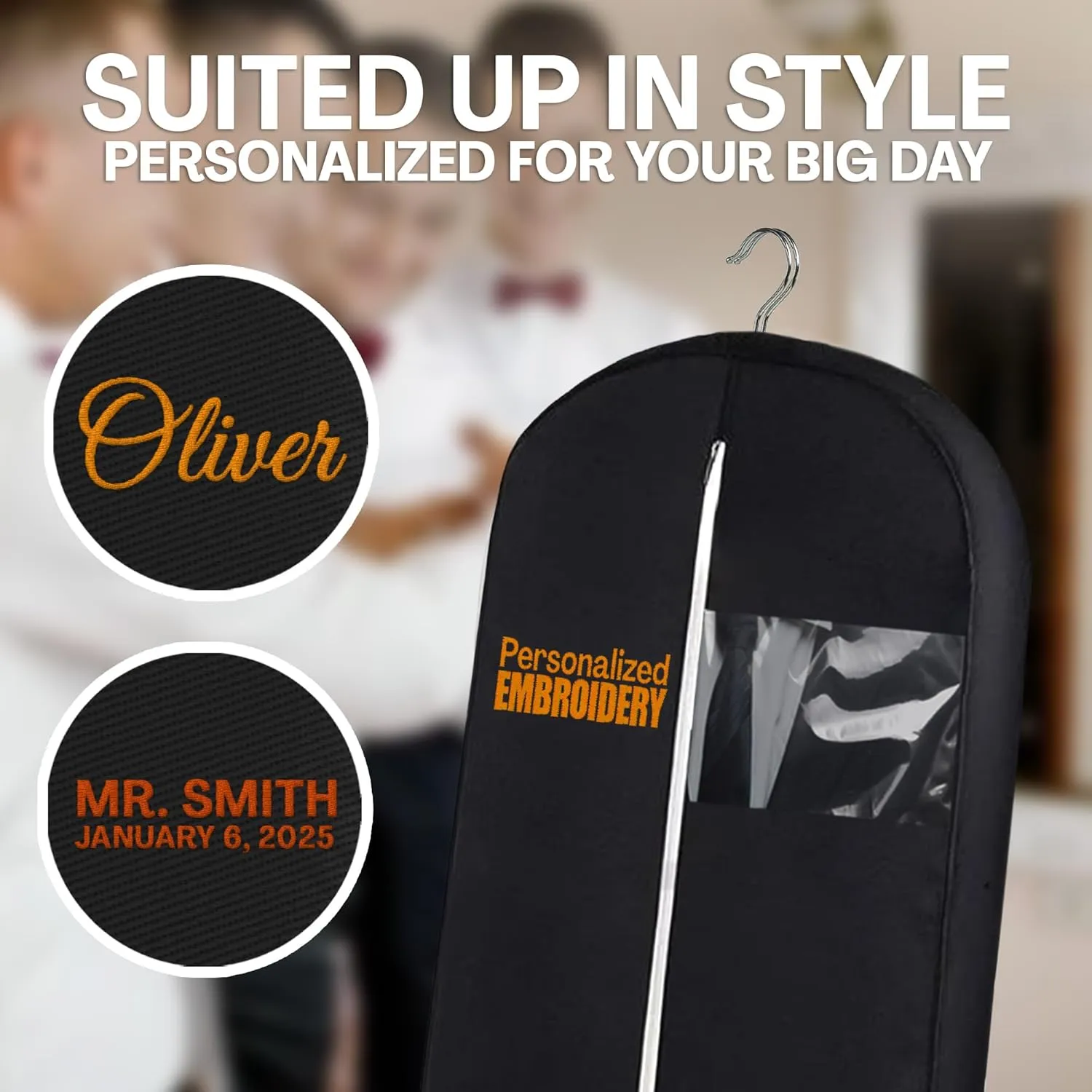 Personalized Garment bag for Groom Tuxedo - Embroidered Name Breathable Black Bag for Groomsmen with 2 Pockets for Hanging Clothes - Ideal for Groom Attire- Custom Suit Cover Bag with Carry Handles