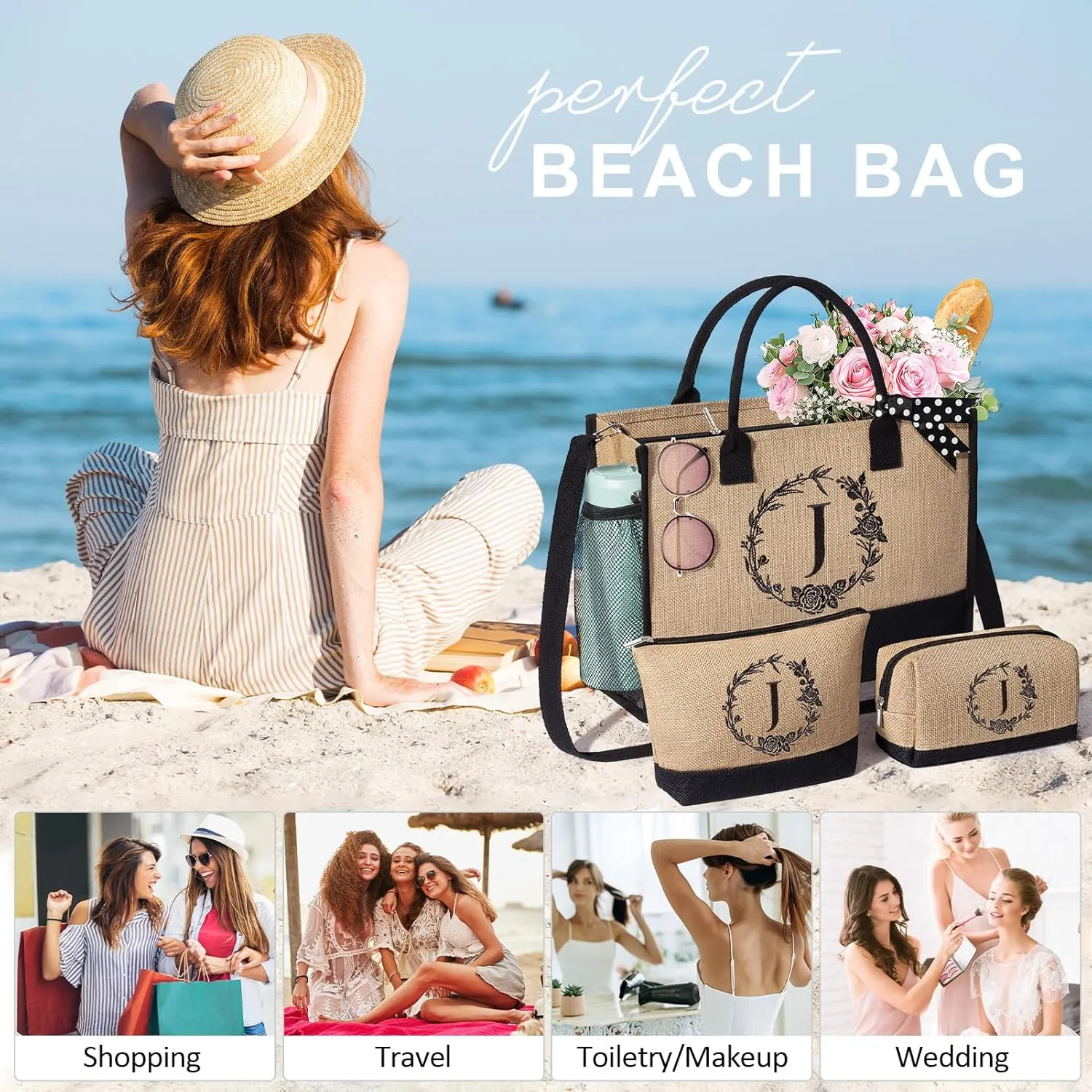 Personalized Gifts for Women Tote Bag, Initial Jute Tote Bag & Makeup Bags Monogrammed Beach Bag w/ Zipper, Birthday Gifts Mothers Day Gifts for Mom Women Her Friend Sister Wife Grandma Teacher Nurse