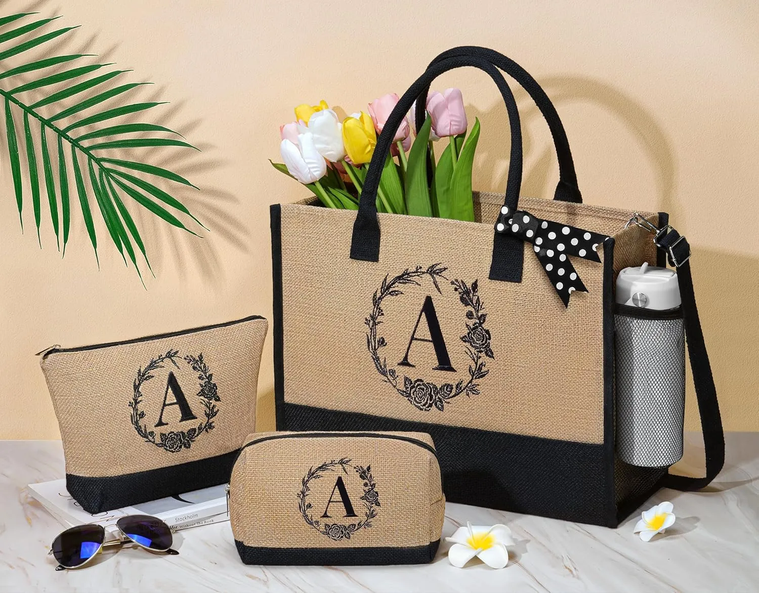 Personalized Gifts for Women Tote Bag, Initial Jute Tote Bag & Makeup Bags Monogrammed Beach Bag w/ Zipper, Birthday Gifts Mothers Day Gifts for Mom Women Her Friend Sister Wife Grandma Teacher Nurse