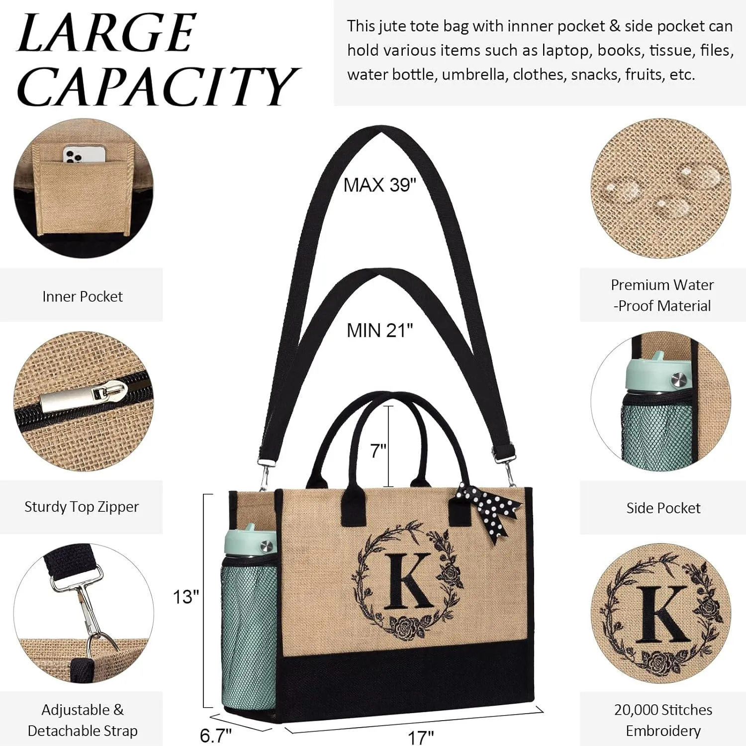 Personalized Gifts for Women Tote Bag, Initial Jute Tote Bag & Makeup Bags Monogrammed Beach Bag w/ Zipper, Birthday Gifts Mothers Day Gifts for Mom Women Her Friend Sister Wife Grandma Teacher Nurse