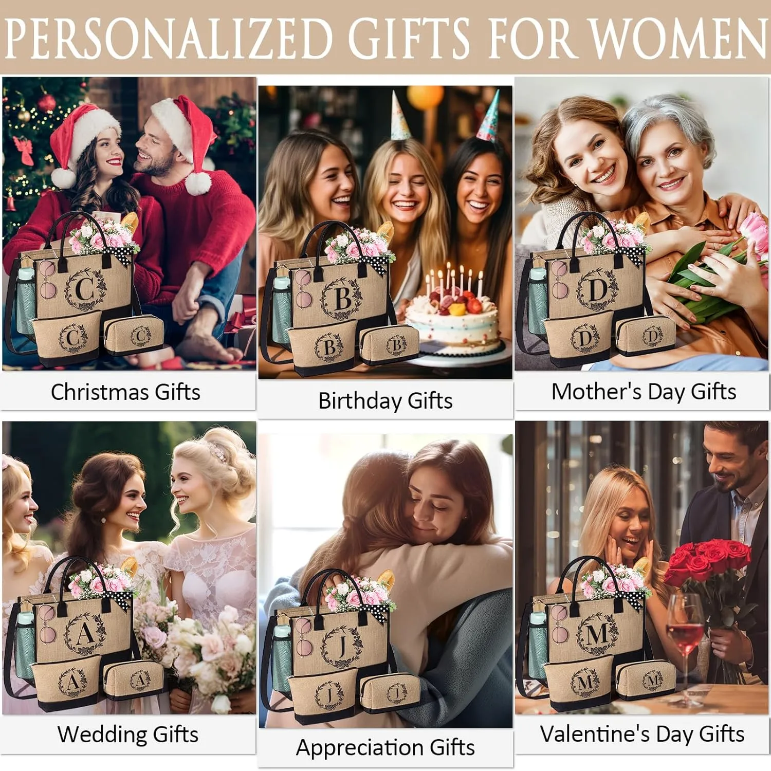 Personalized Gifts for Women Tote Bag, Initial Jute Tote Bag & Makeup Bags Monogrammed Beach Bag w/ Zipper, Birthday Gifts Mothers Day Gifts for Mom Women Her Friend Sister Wife Grandma Teacher Nurse