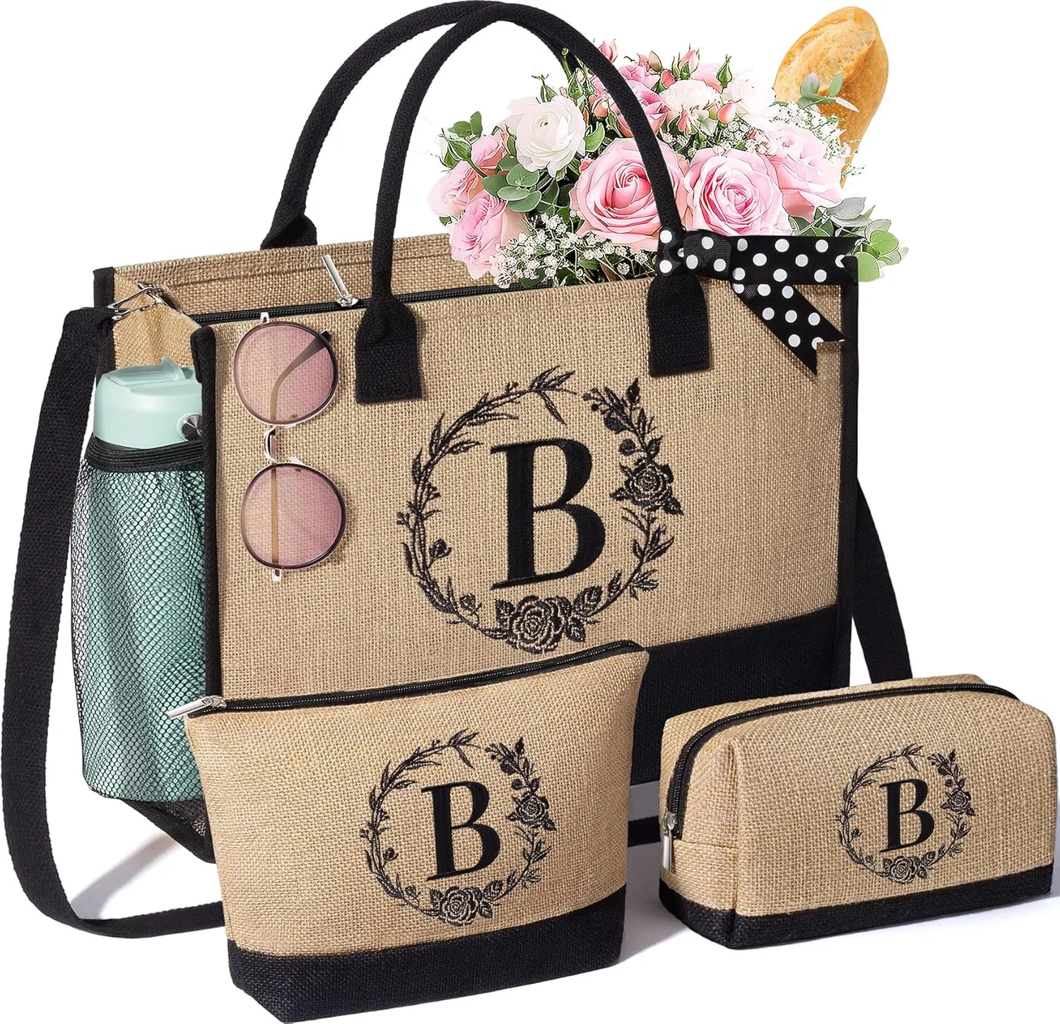 Personalized Gifts for Women Tote Bag, Initial Jute Tote Bag & Makeup Bags Monogrammed Beach Bag w/ Zipper, Birthday Gifts Mothers Day Gifts for Mom Women Her Friend Sister Wife Grandma Teacher Nurse