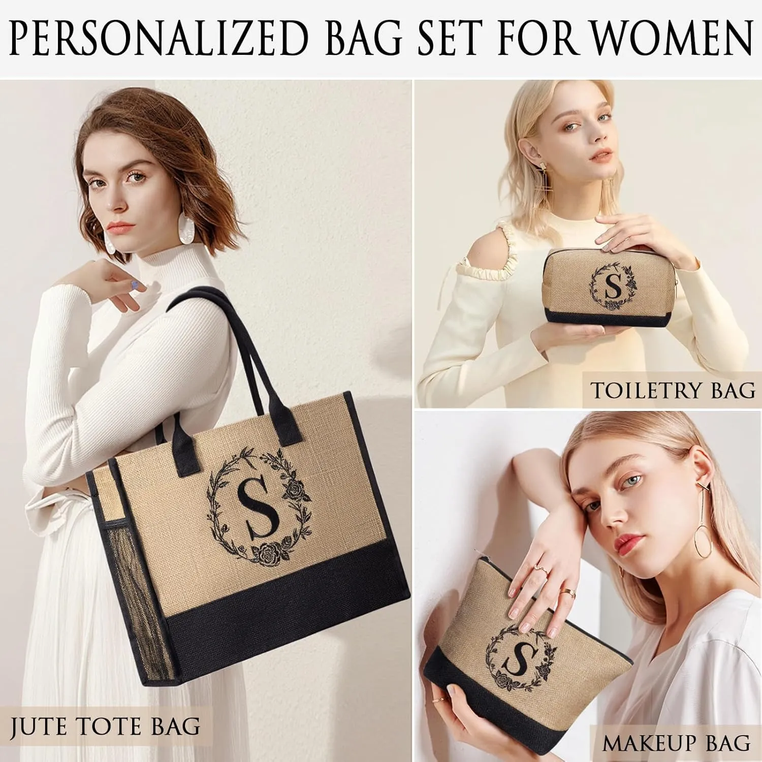 Personalized Gifts for Women Tote Bag, Initial Jute Tote Bag & Makeup Bags Monogrammed Beach Bag w/ Zipper, Birthday Gifts Mothers Day Gifts for Mom Women Her Friend Sister Wife Grandma Teacher Nurse