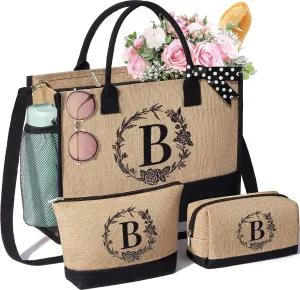 Personalized Gifts for Women Tote Bag, Initial Jute Tote Bag & Makeup Bags Monogrammed Beach Bag w/ Zipper, Birthday Gifts Mothers Day Gifts for Mom Women Her Friend Sister Wife Grandma Teacher Nurse