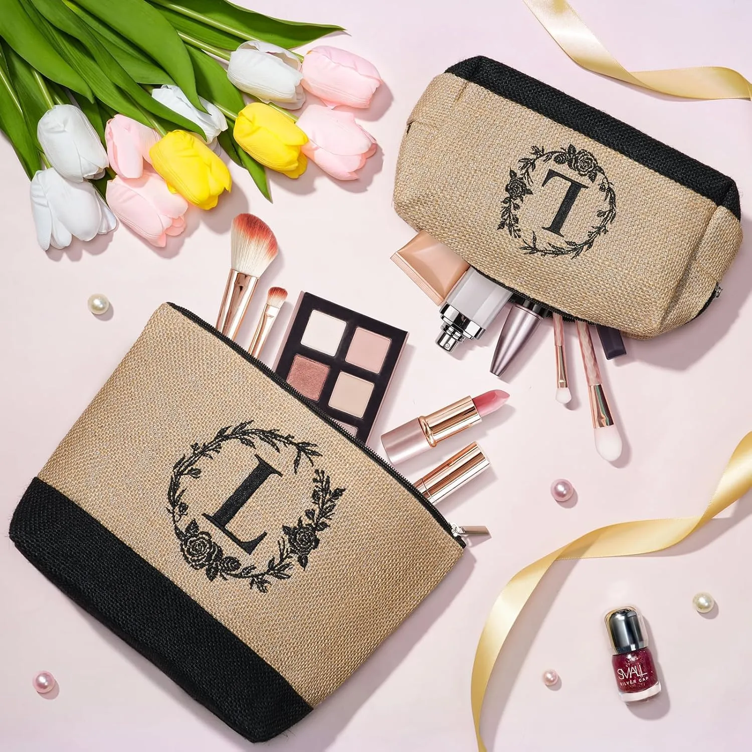 Personalized Gifts for Women Tote Bag, Initial Jute Tote Bag & Makeup Bags Monogrammed Beach Bag w/ Zipper, Birthday Gifts Mothers Day Gifts for Mom Women Her Friend Sister Wife Grandma Teacher Nurse
