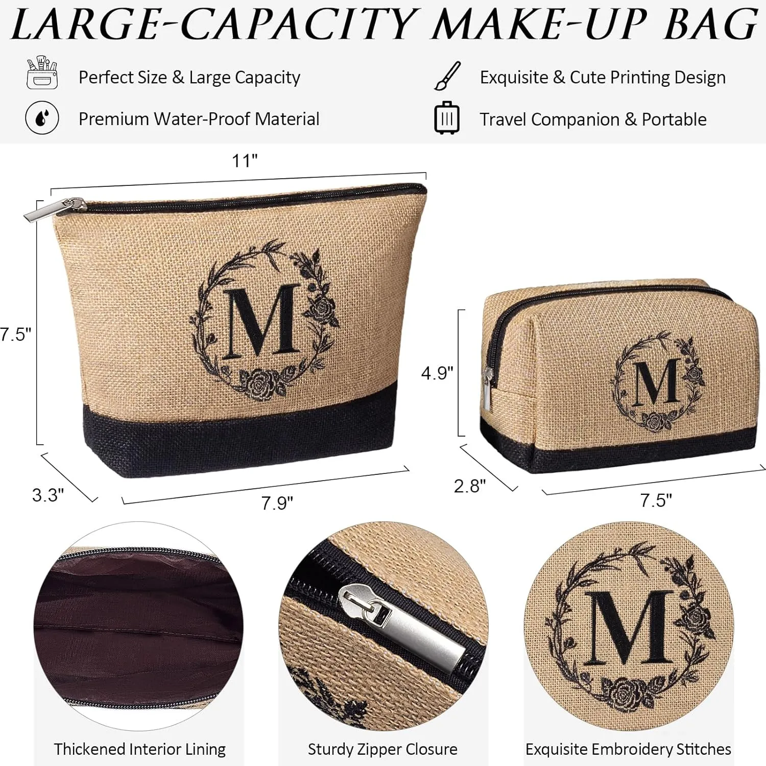 Personalized Gifts for Women Tote Bag, Initial Jute Tote Bag & Makeup Bags Monogrammed Beach Bag w/ Zipper, Birthday Gifts Mothers Day Gifts for Mom Women Her Friend Sister Wife Grandma Teacher Nurse