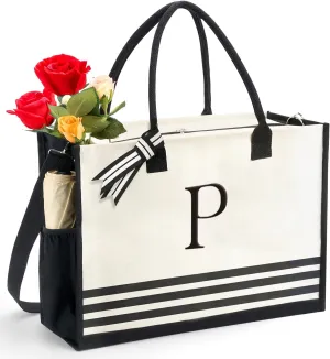 Personalized Initial Monogrammed Canvas Tote Bags, Gifts for Women Teachers Birthday Graduation Beach
