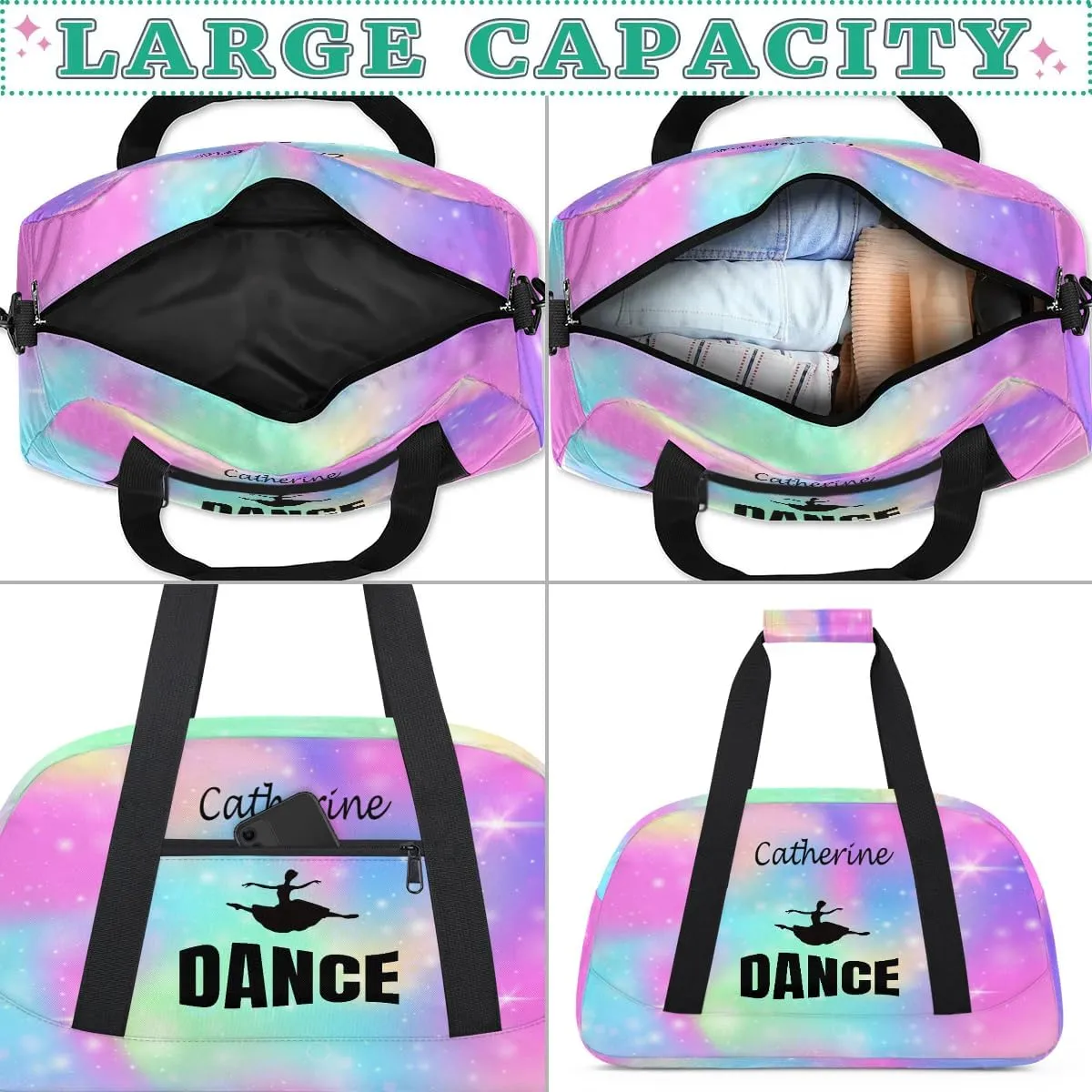 Personalized Kids Duffel Bag Dance Ballet,Custom Sport Gym Bag for Boys Girls,Weekender Overnight Bags Travel Duffel Bag,Customized Kids Gift Rainbow Galaxy