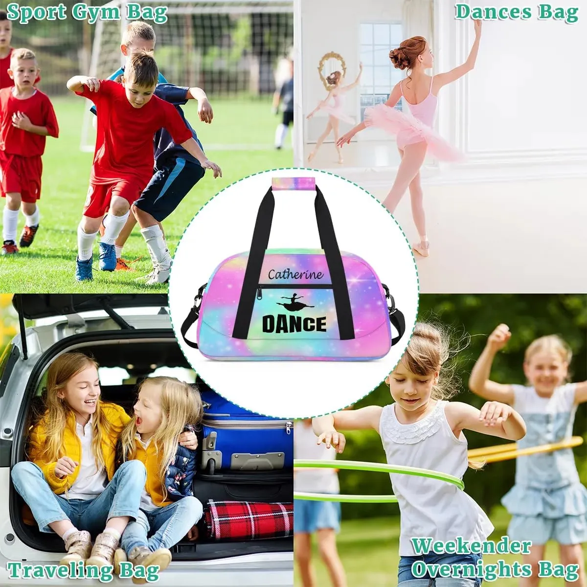 Personalized Kids Duffel Bag Dance Ballet,Custom Sport Gym Bag for Boys Girls,Weekender Overnight Bags Travel Duffel Bag,Customized Kids Gift Rainbow Galaxy