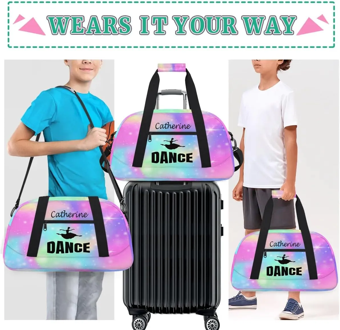 Personalized Kids Duffel Bag Dance Ballet,Custom Sport Gym Bag for Boys Girls,Weekender Overnight Bags Travel Duffel Bag,Customized Kids Gift Rainbow Galaxy