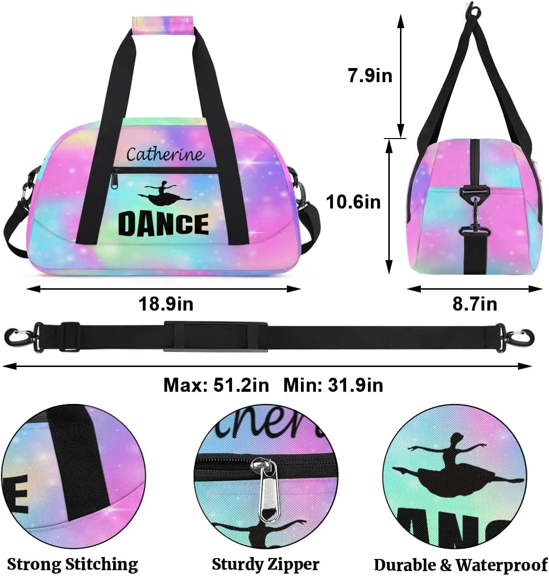 Personalized Kids Duffel Bag Dance Ballet,Custom Sport Gym Bag for Boys Girls,Weekender Overnight Bags Travel Duffel Bag,Customized Kids Gift Rainbow Galaxy