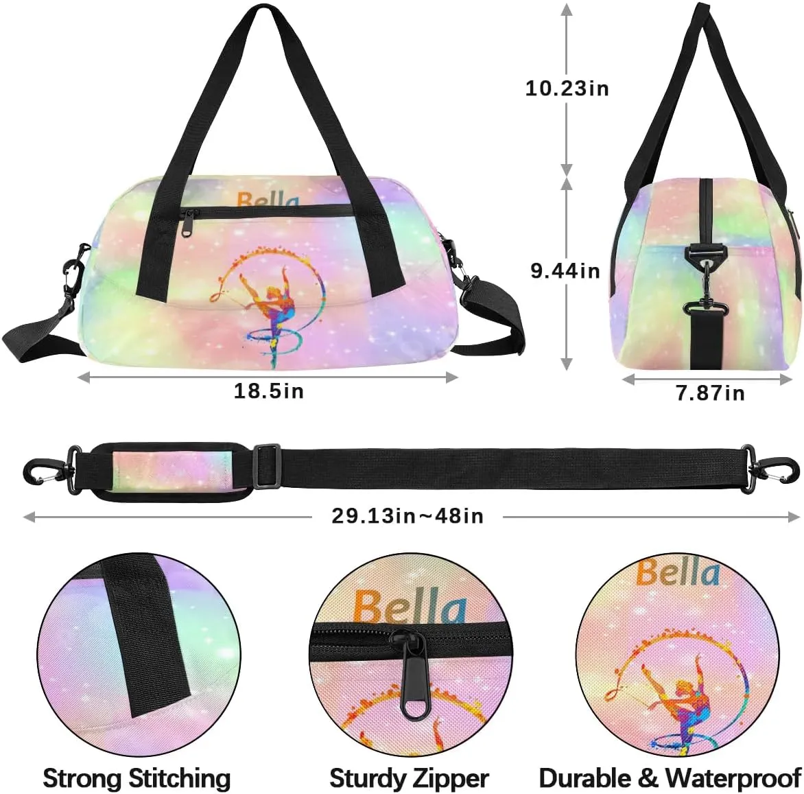 Personalized Kids Duffel Bag,Custom Sport Gym Bag for Girls,Weekender Overnight Bags Travel Duffel Bag,Customized Kids Gift Rainbow Art Gymnast