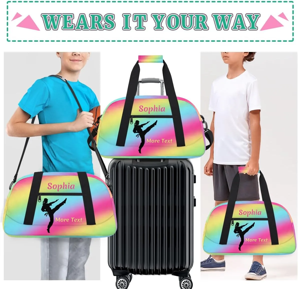 Personalized Kids Gym Bag for Girls Custom Name Sports Duffel Bag Weekender Overnight Travel Bags Rainbow Martial arts Gifts