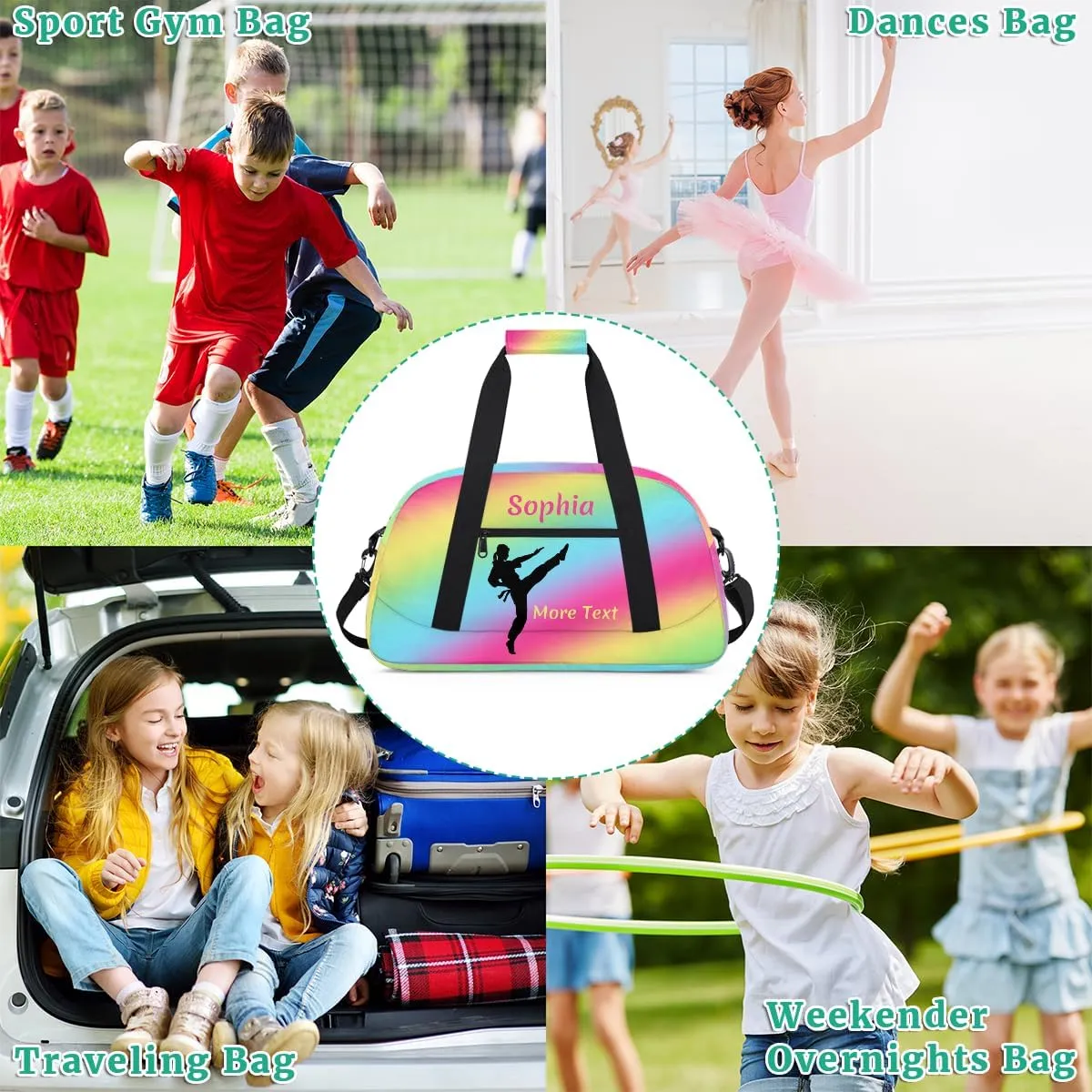 Personalized Kids Gym Bag for Girls Custom Name Sports Duffel Bag Weekender Overnight Travel Bags Rainbow Martial arts Gifts