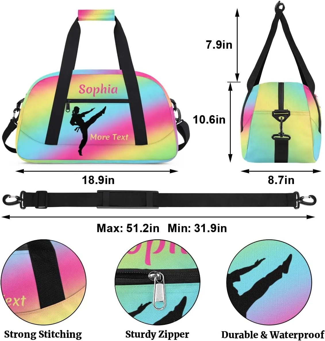 Personalized Kids Gym Bag for Girls Custom Name Sports Duffel Bag Weekender Overnight Travel Bags Rainbow Martial arts Gifts