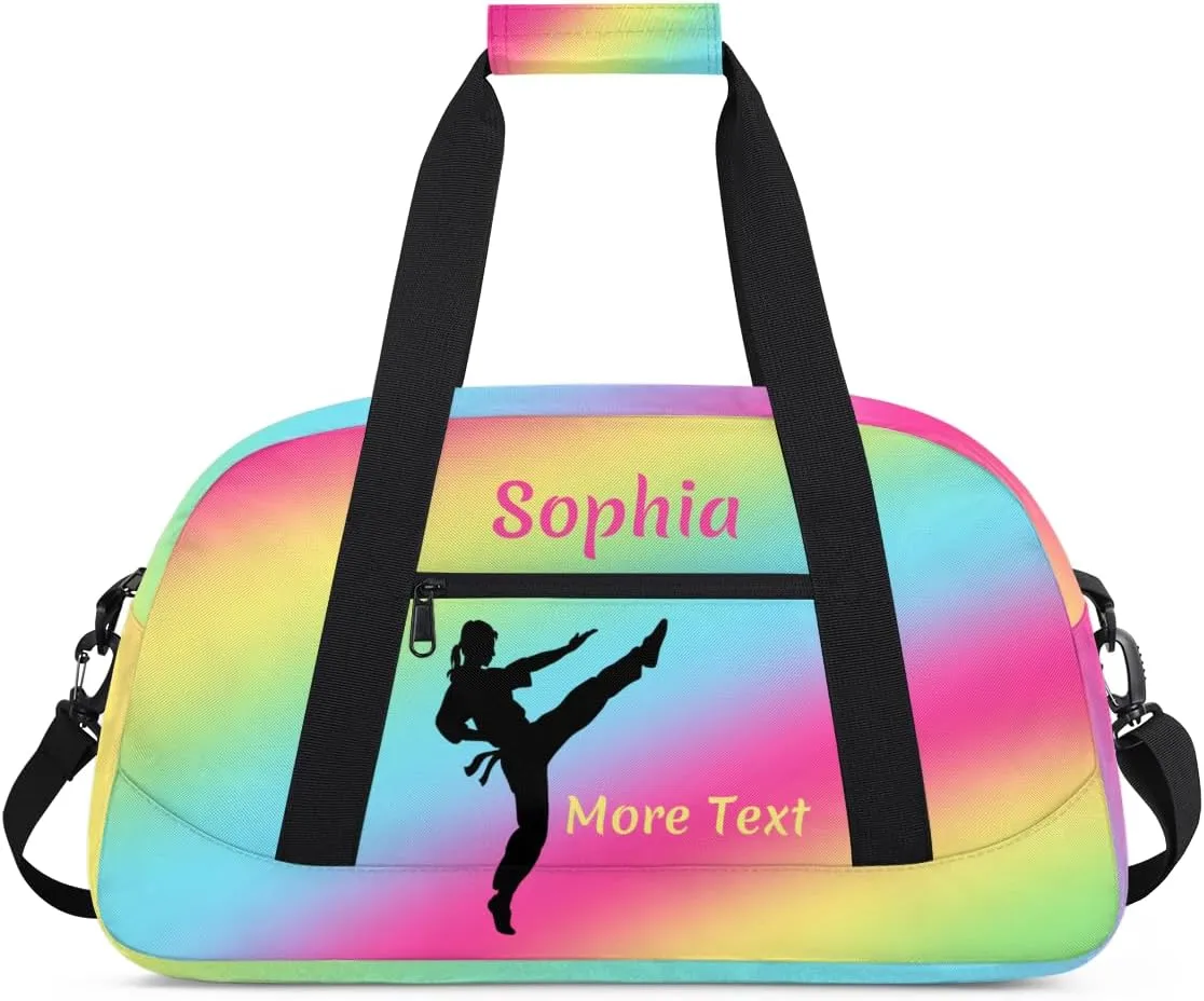 Personalized Kids Gym Bag for Girls Custom Name Sports Duffel Bag Weekender Overnight Travel Bags Rainbow Martial arts Gifts